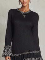 Black Shimmer Mini Dress With Leopard Patchwork Ruffle Hem