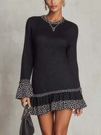 Black Shimmer Mini Dress With Leopard Patchwork Ruffle Hem