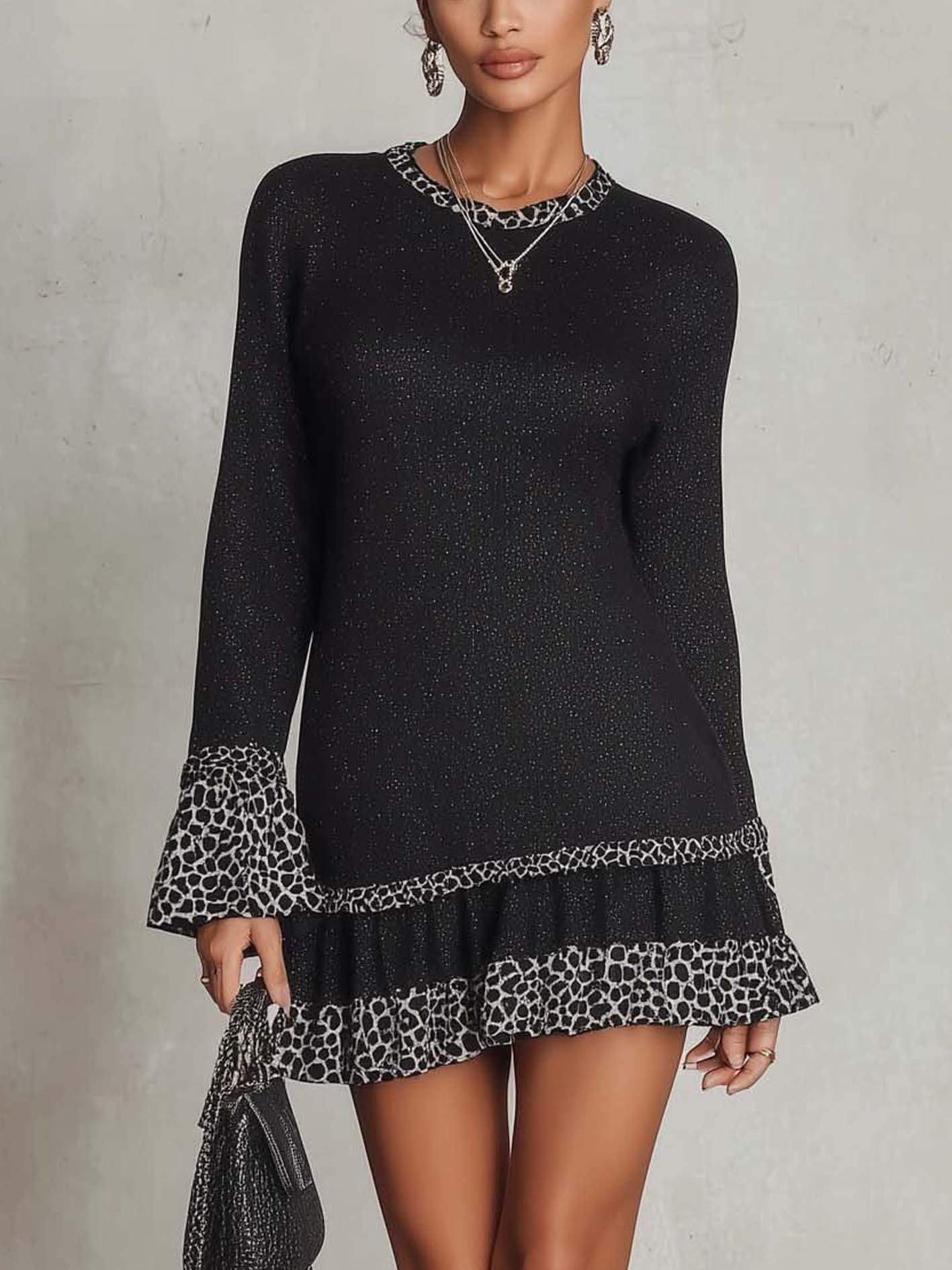 Black Shimmer Mini Dress With Leopard Patchwork Ruffle Hem