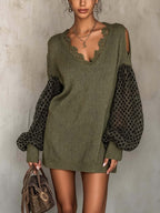 Olive Green Knit Mini Dress With Sheer Patchwork Sleeves