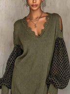 Olive Green Knit Mini Dress With Sheer Patchwork Sleeves
