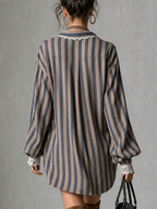 Taupe And Blue Striped Lace Trim Mini Dress