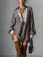 Taupe And Blue Striped Lace Trim Mini Dress