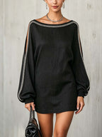 Black Linen Blend Mini Dress With Shimmer Trim And Balloon Sleeves