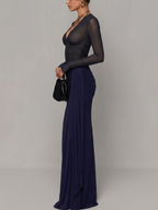 Navy Blue Sheer Mesh Ruched Maxi Dress