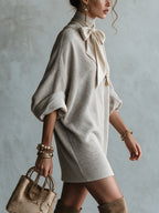 Gray Satin Bow Knit Five Sleeve Mini Dress