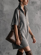 Gray Half Zip Beaded Embroidery Knit Mini Dress