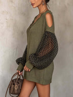 Olive Green Knit Mini Dress With Sheer Patchwork Sleeves