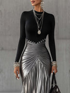 24-Hour-Shipping Black Round Neck Metallic Silver Pleated Maxi Dress