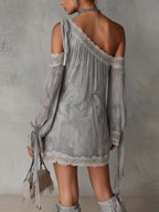 24-Hour-Shipping Light Gray Paisley Print Chiffon One Shoulder Lace Trim Mini Dress