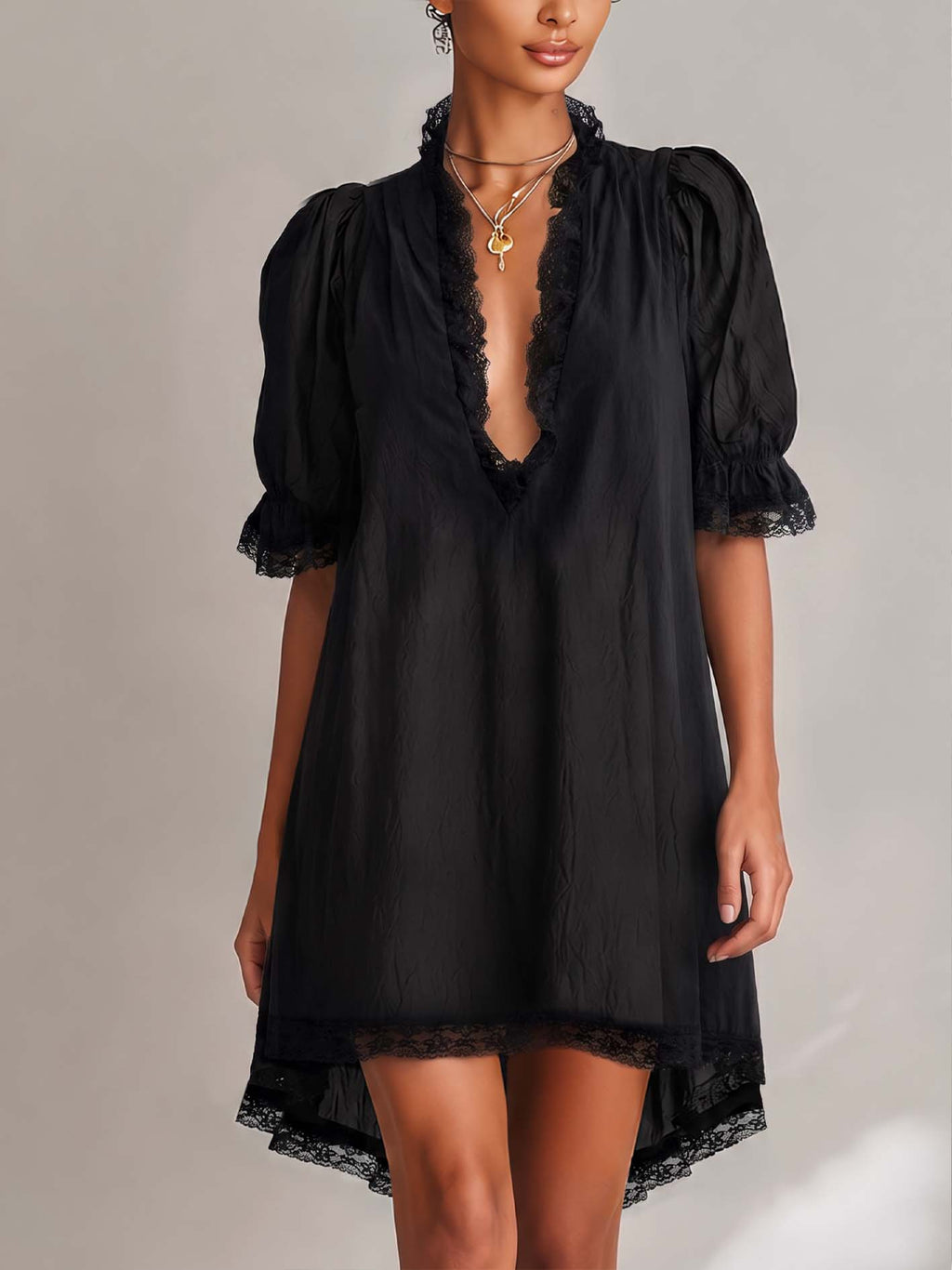 Black Textured Lace Trim Irregular Hem Puff Sleeve Mini Dress