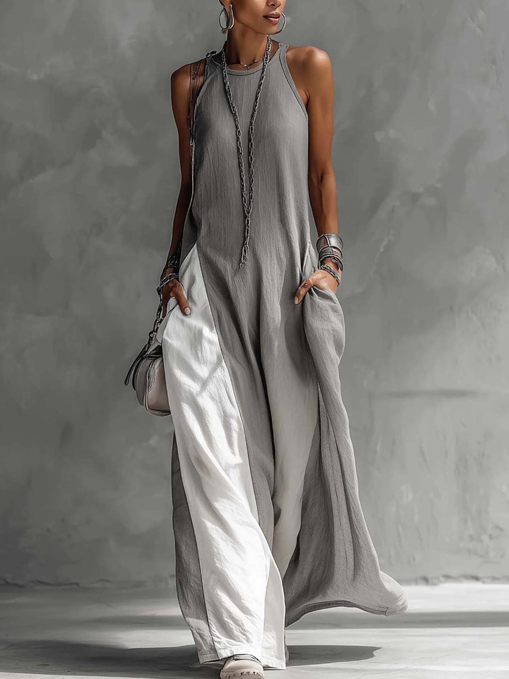 24-Hour-Shipping Color Block Gray Sleeveless Cotton Linen Maxi Dress