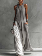 24-Hour-Shipping Color Block Gray Sleeveless Cotton Linen Maxi Dress