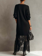 24-Hour-Shipping Black Loose Fit Mohair Knit Midi Dress With Lace Hem