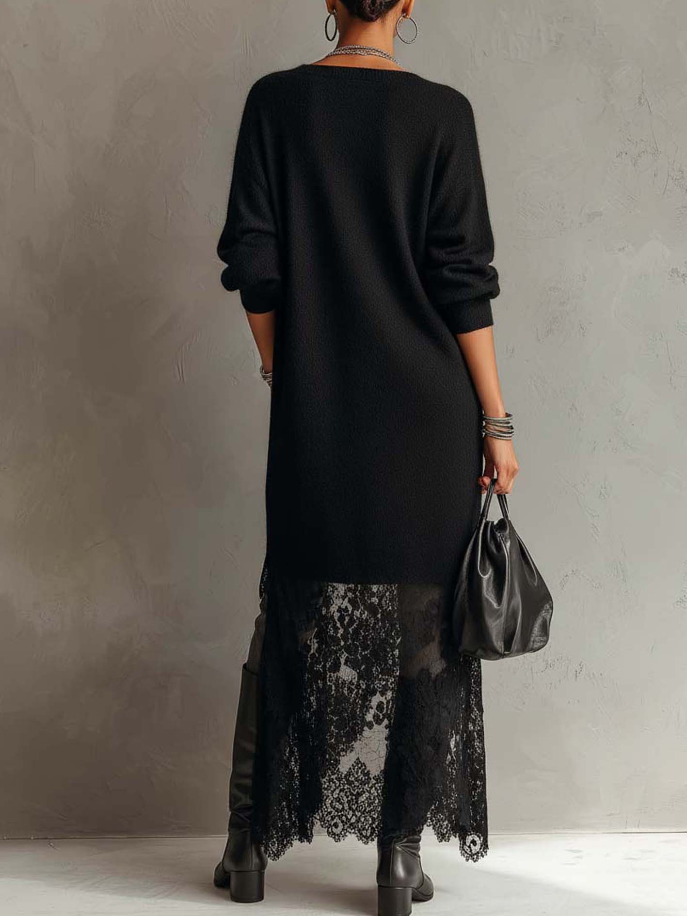 24-Hour-Shipping Black Loose Fit Mohair Knit Midi Dress With Lace Hem