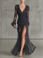24-Hour-Shipping Black Lace Ruched Sheer Long Sleeve Slit Maxi Dress