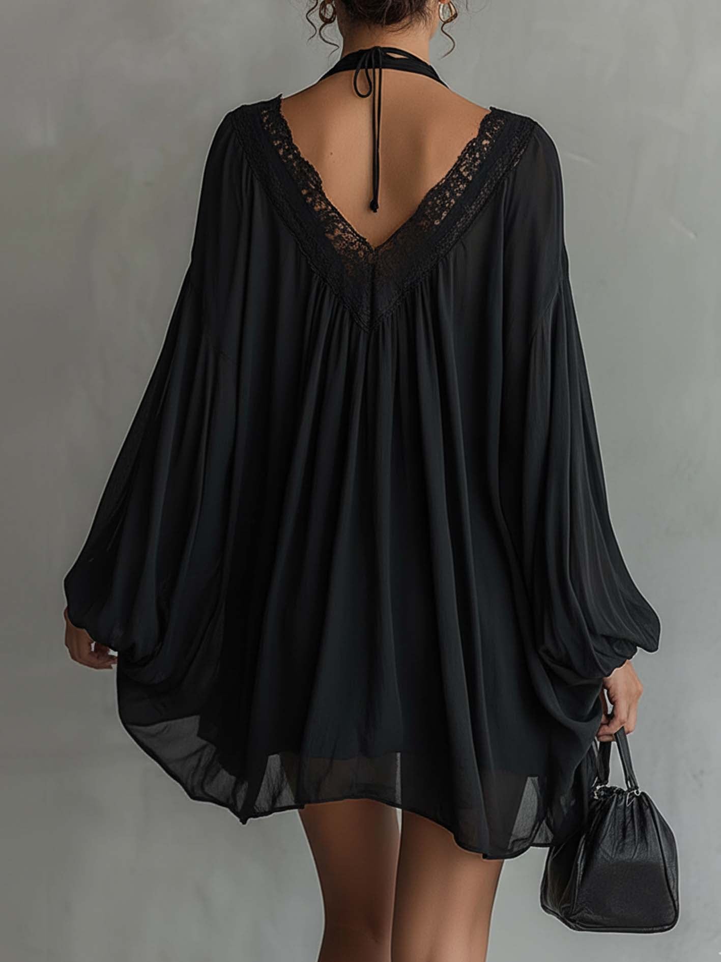 24-Hour-Shipping Black Chiffon Halter Mini Dress With Lace Neckline