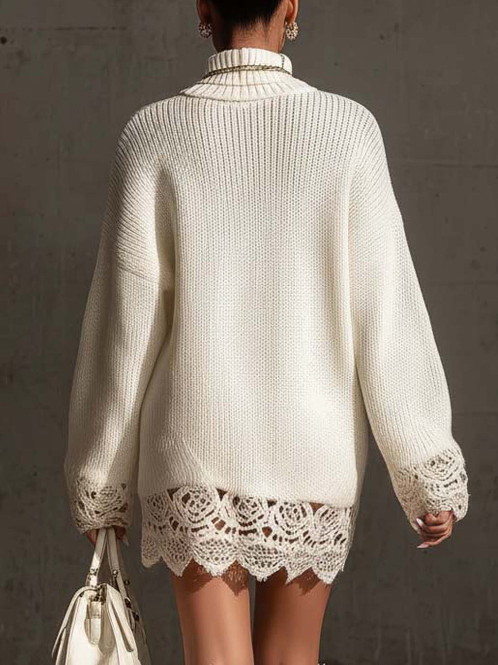 24-Hour-Shipping White Turtleneck Knit Mini Dress With Lace Trim