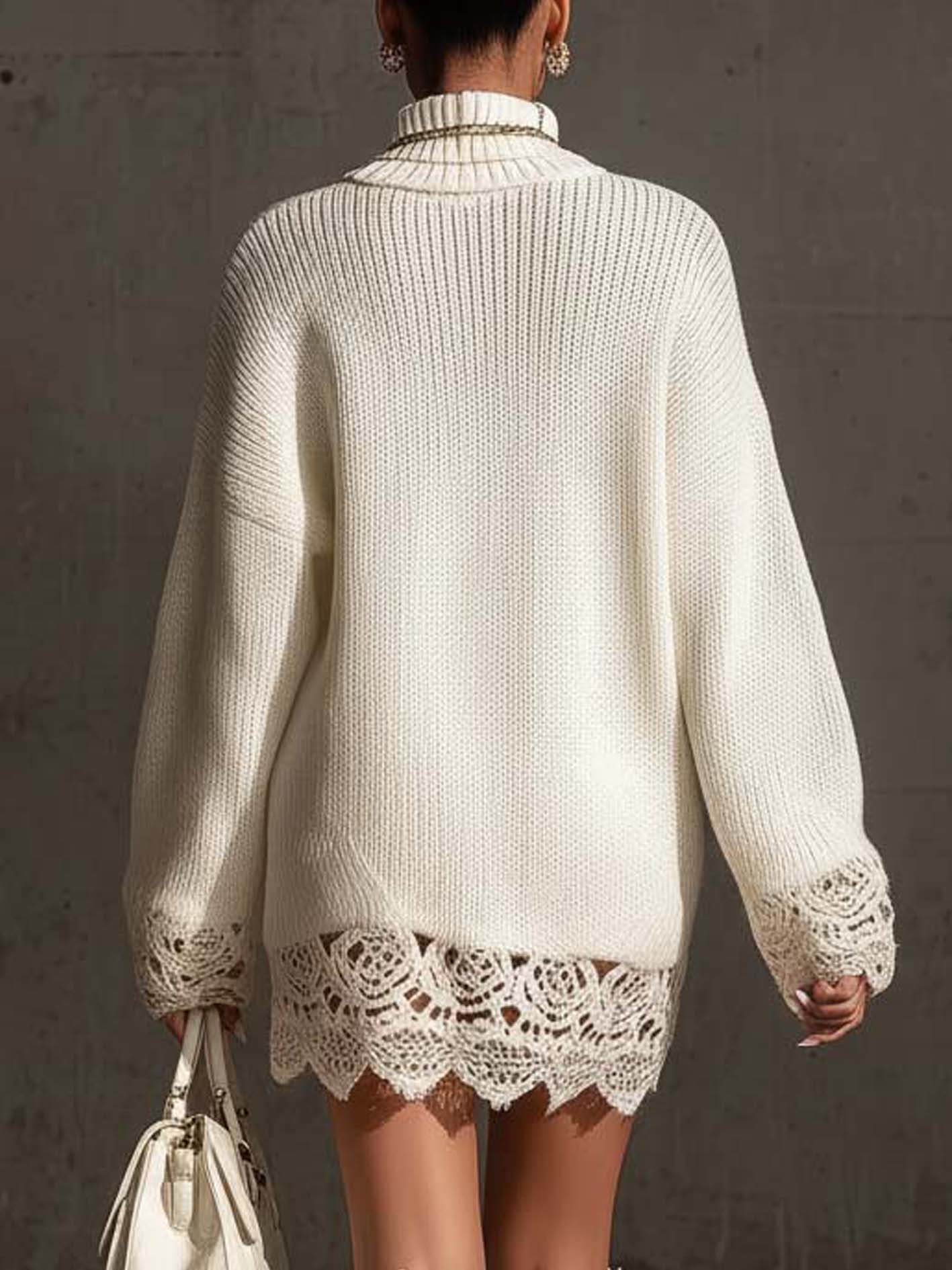 24-Hour-Shipping White Turtleneck Knit Mini Dress With Lace Trim