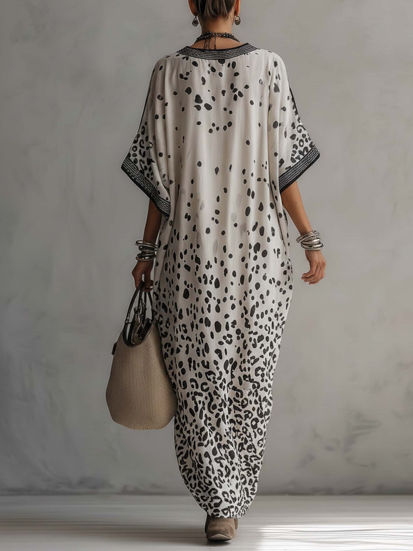 24-Hour-Shipping Light Gray Gradient Leopard Print Chiffon Maxi Dress