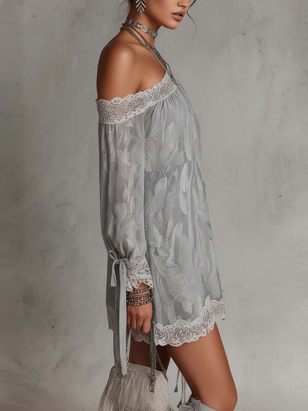 24-Hour-Shipping Light Gray Paisley Print Chiffon One Shoulder Lace Trim Mini Dress