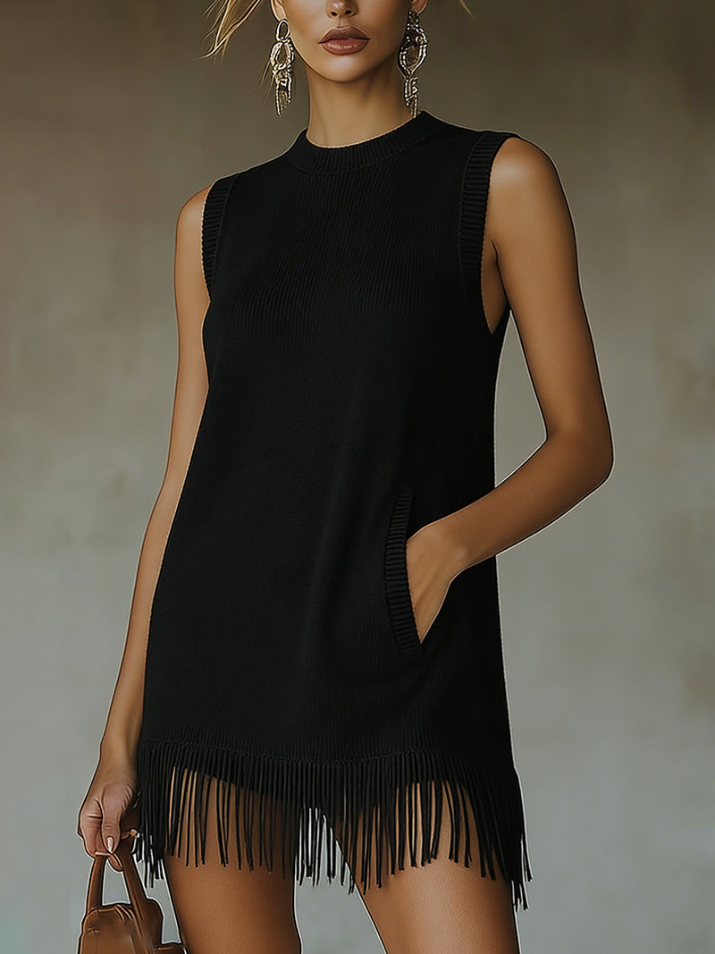 24-Hour-Shipping Olive Green Sleeveless Knit Mini Dress With Fringe Hem
