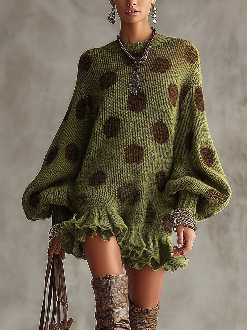 24-Hour-Shipping Green Polka Dot Oversized Knit Sweater Dress With Ruffled Hem