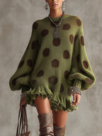24-Hour-Shipping Green Polka Dot Oversized Knit Sweater Dress With Ruffled Hem