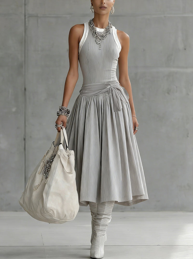24-Hour-Shipping Gray Ribbed Tank Bodice Draped Midi Dress