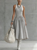 24-Hour-Shipping Gray Ribbed Tank Bodice Draped Midi Dress