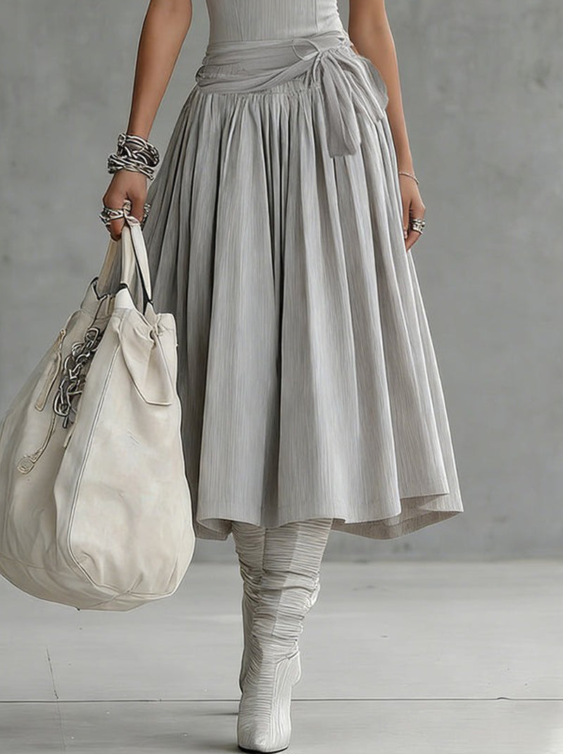 24-Hour-Shipping Gray Ribbed Tank Bodice Draped Midi Dress