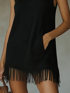 24-Hour-Shipping Olive Green Sleeveless Knit Mini Dress With Fringe Hem