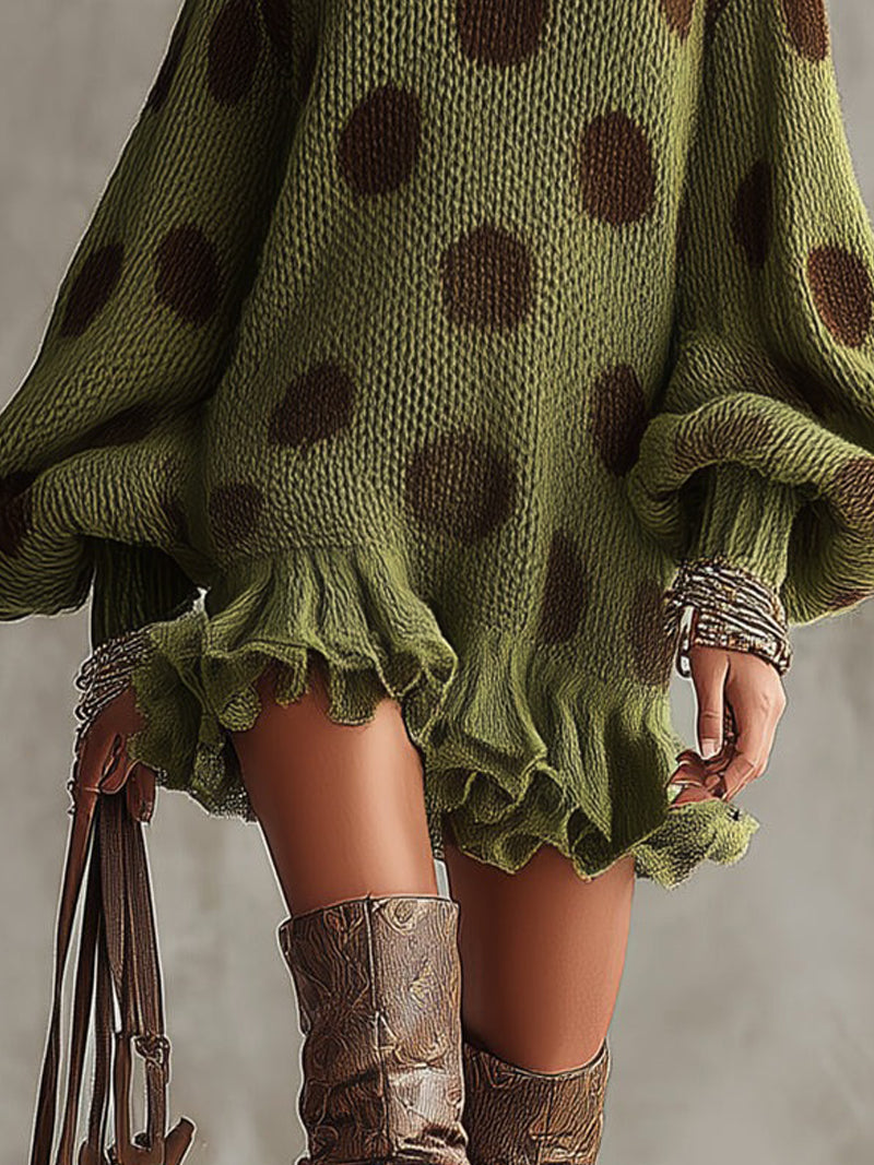 24-Hour-Shipping Green Polka Dot Oversized Knit Sweater Dress With Ruffled Hem