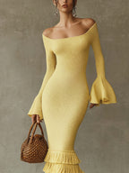 Yellow Off Shoulder Fringe Lightweight Knit Bodycon Dress