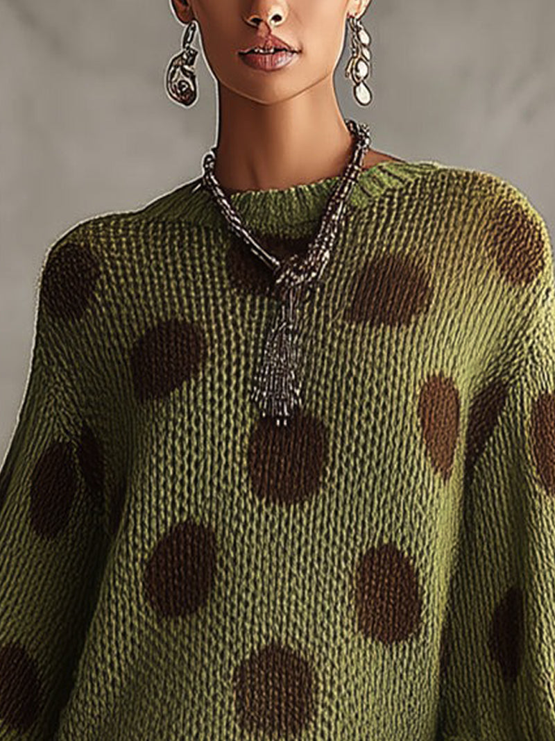 24-Hour-Shipping Green Polka Dot Oversized Knit Sweater Dress With Ruffled Hem