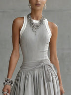 24-Hour-Shipping Gray Ribbed Tank Bodice Draped Midi Dress