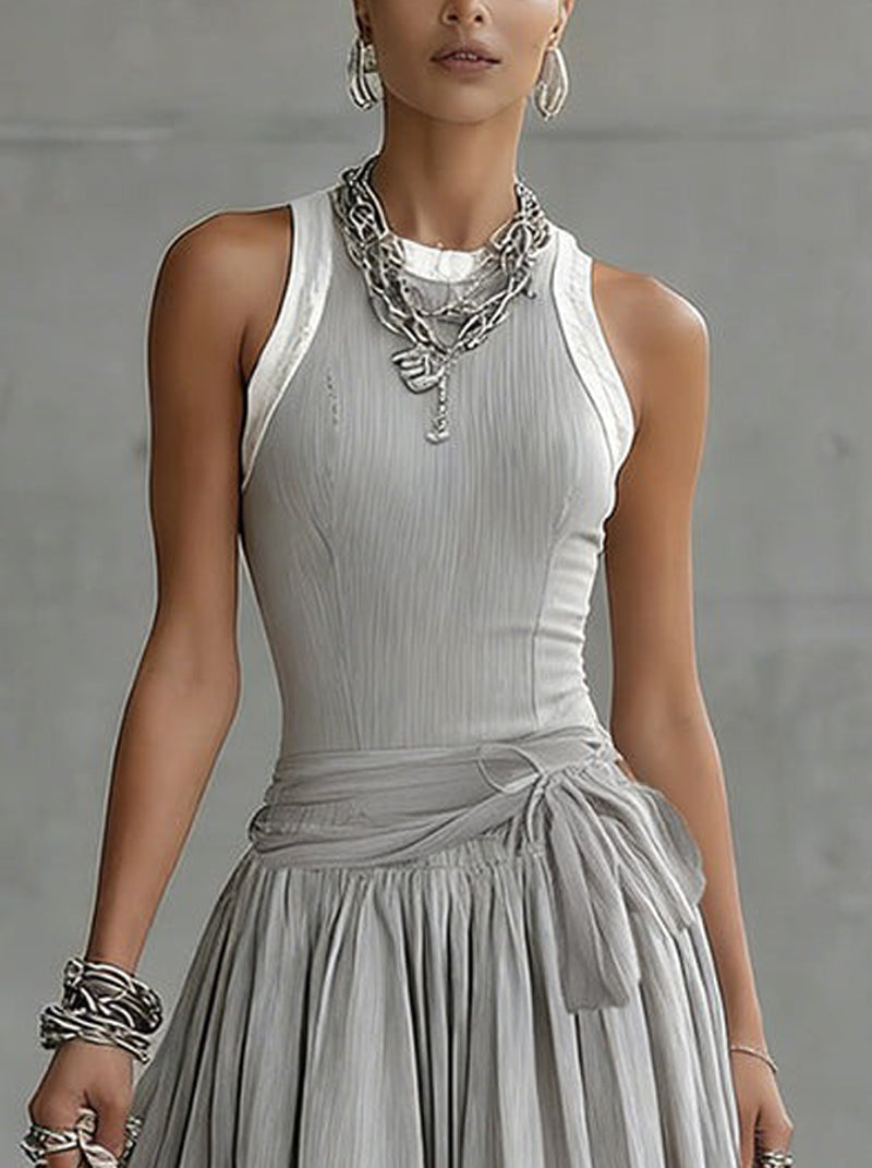 24-Hour-Shipping Gray Ribbed Tank Bodice Draped Midi Dress