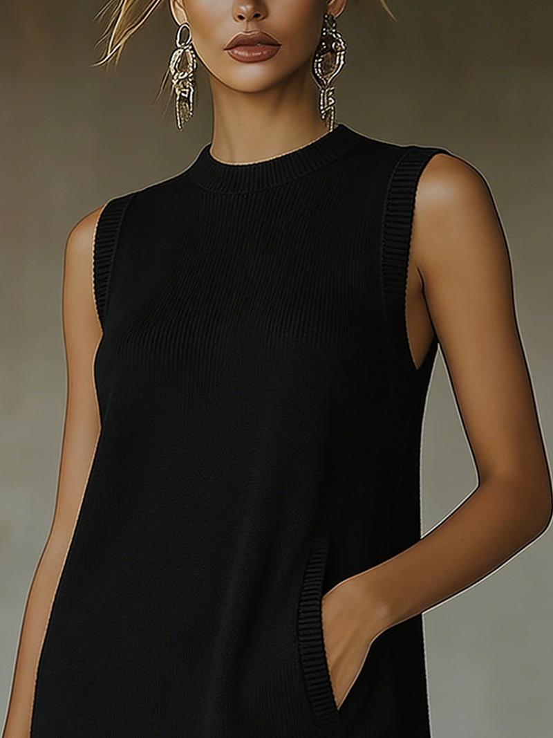 24-Hour-Shipping Olive Green Sleeveless Knit Mini Dress With Fringe Hem