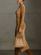 24-Hour-Shipping Camel Velvet Openwork Long Sleeve Bodycon Dress