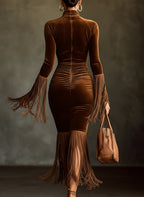 24-Hour-Shipping Brown Velvet Turtleneck Cutout Fringe Long Sleeve Bodycon Dress