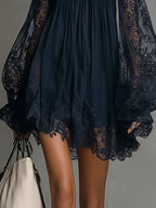 24-Hour-Shipping Navy Off-Shoulder Lace Trim Chiffon Mini Dress With Sheer Sleeves