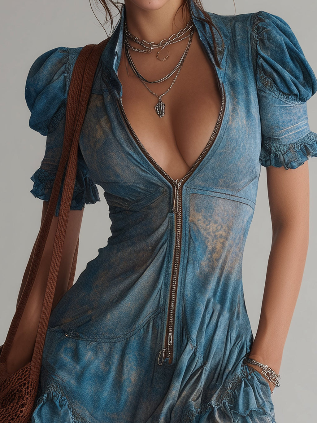 24-Hour-Shipping Blue Chiffon Floral Zip Up Mini Dress