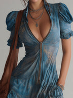 24-Hour-Shipping Blue Chiffon Floral Zip Up Mini Dress
