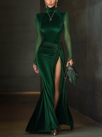 24-Hour-Shipping Emerald Green Velvet Mesh Sleeve High Slit Maxi Dress