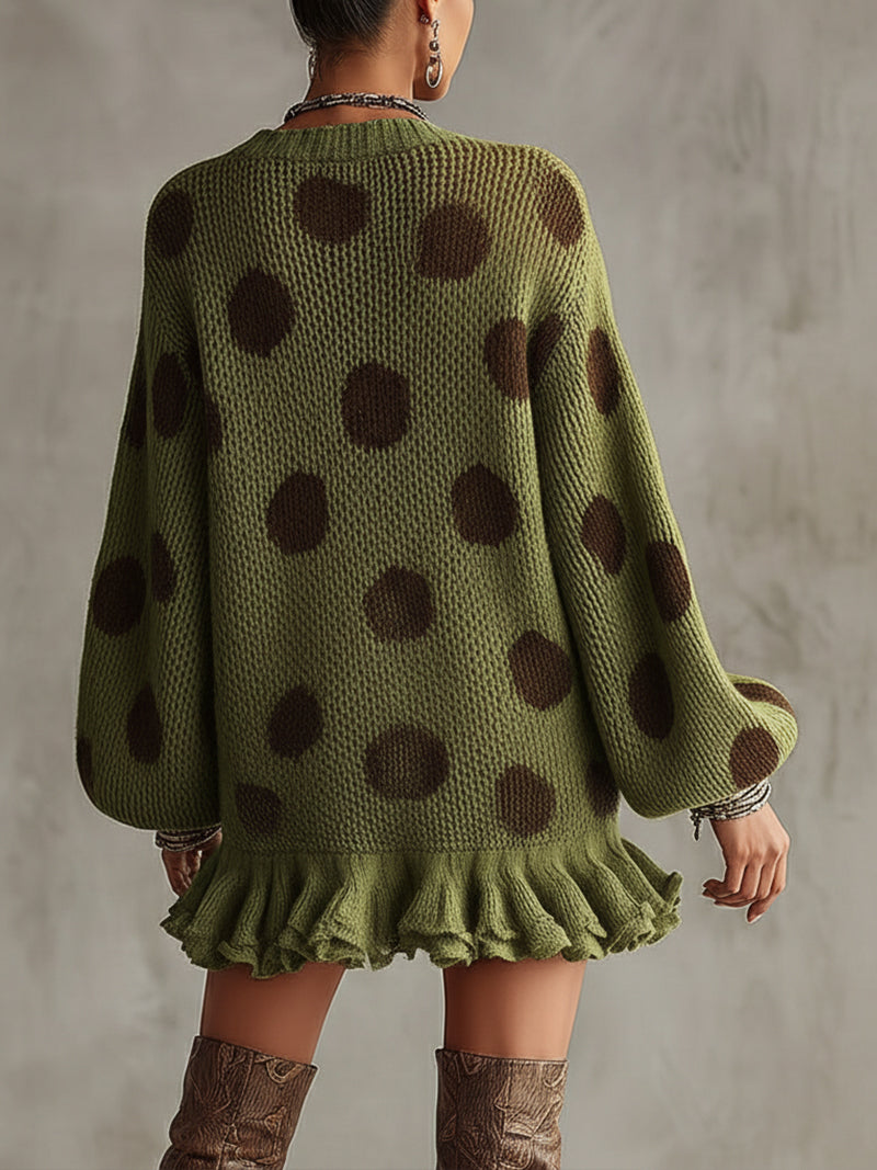24-Hour-Shipping Green Polka Dot Oversized Knit Sweater Dress With Ruffled Hem