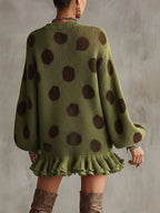 24-Hour-Shipping Green Polka Dot Oversized Knit Sweater Dress With Ruffled Hem