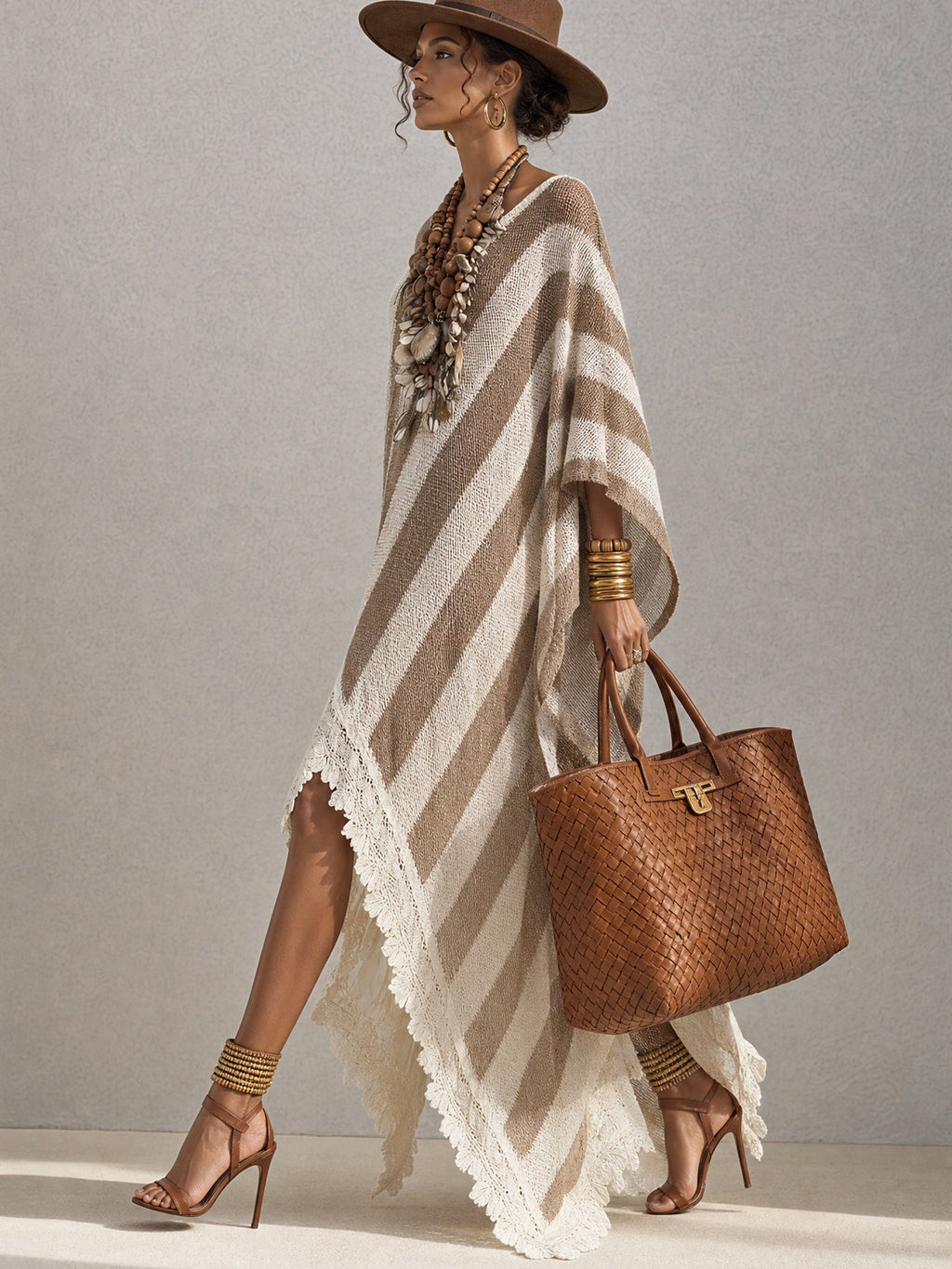 Brown Striped Loose Knit Maxi Dress