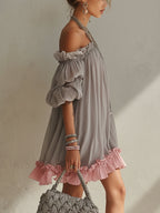 24-Hour-Shipping Gray Chiffon Off Shoulder Mini Dress With Pink Hem