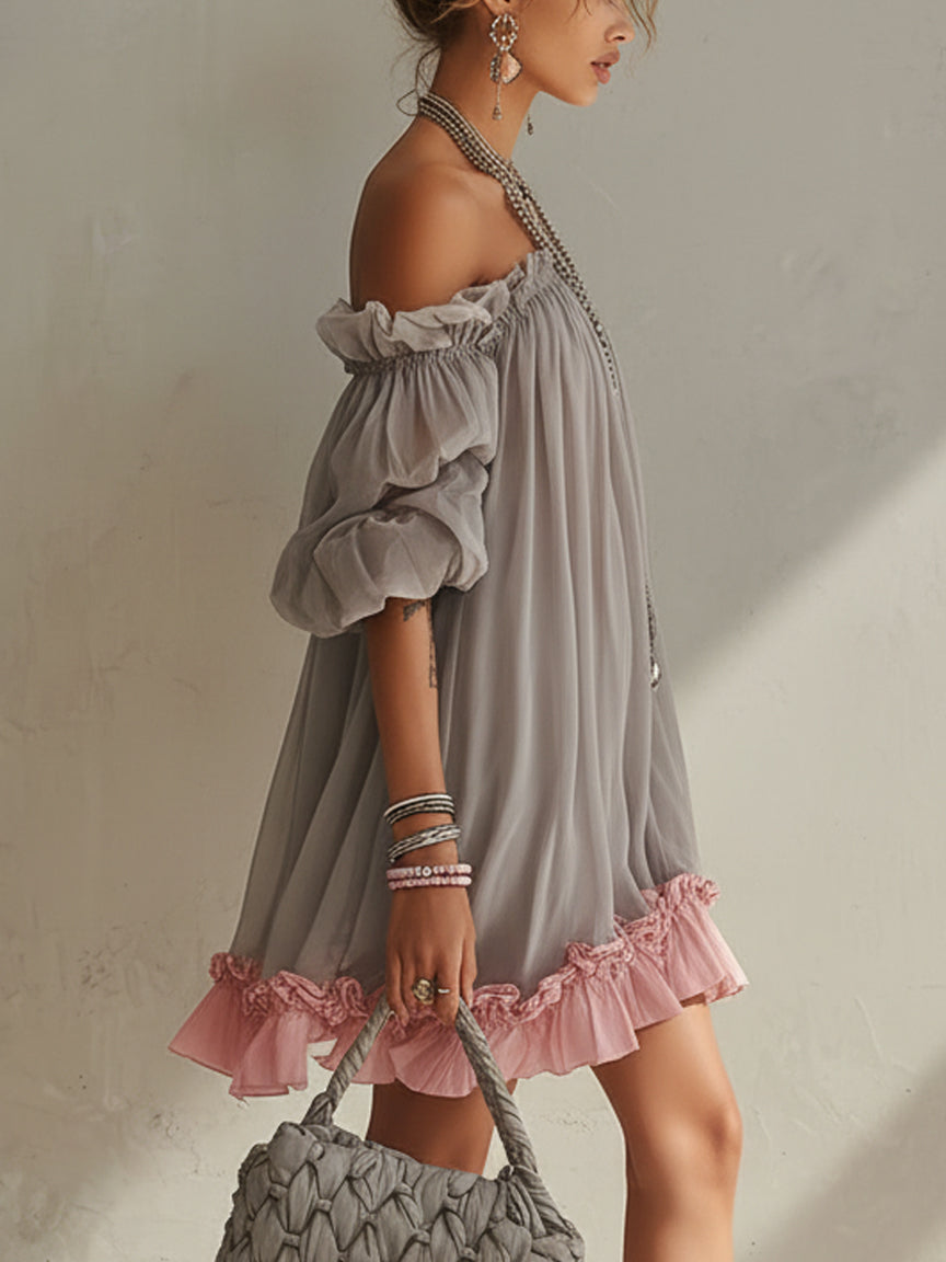 24-Hour-Shipping Gray Chiffon Off Shoulder Mini Dress With Pink Hem