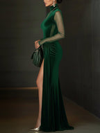 24-Hour-Shipping Emerald Green Velvet Mesh Sleeve High Slit Maxi Dress